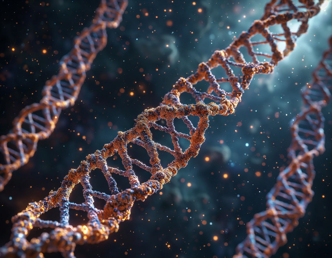 Close-up 3D illustration of DNA strands representing Longevity and Anti-Aging Biotech, symbolizing genetic research and molecular innovation in extending human lifespan.